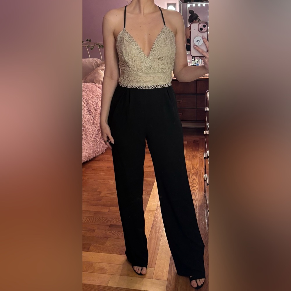 NWOT Black Wide Leg Jump Suit with Lace Bodice